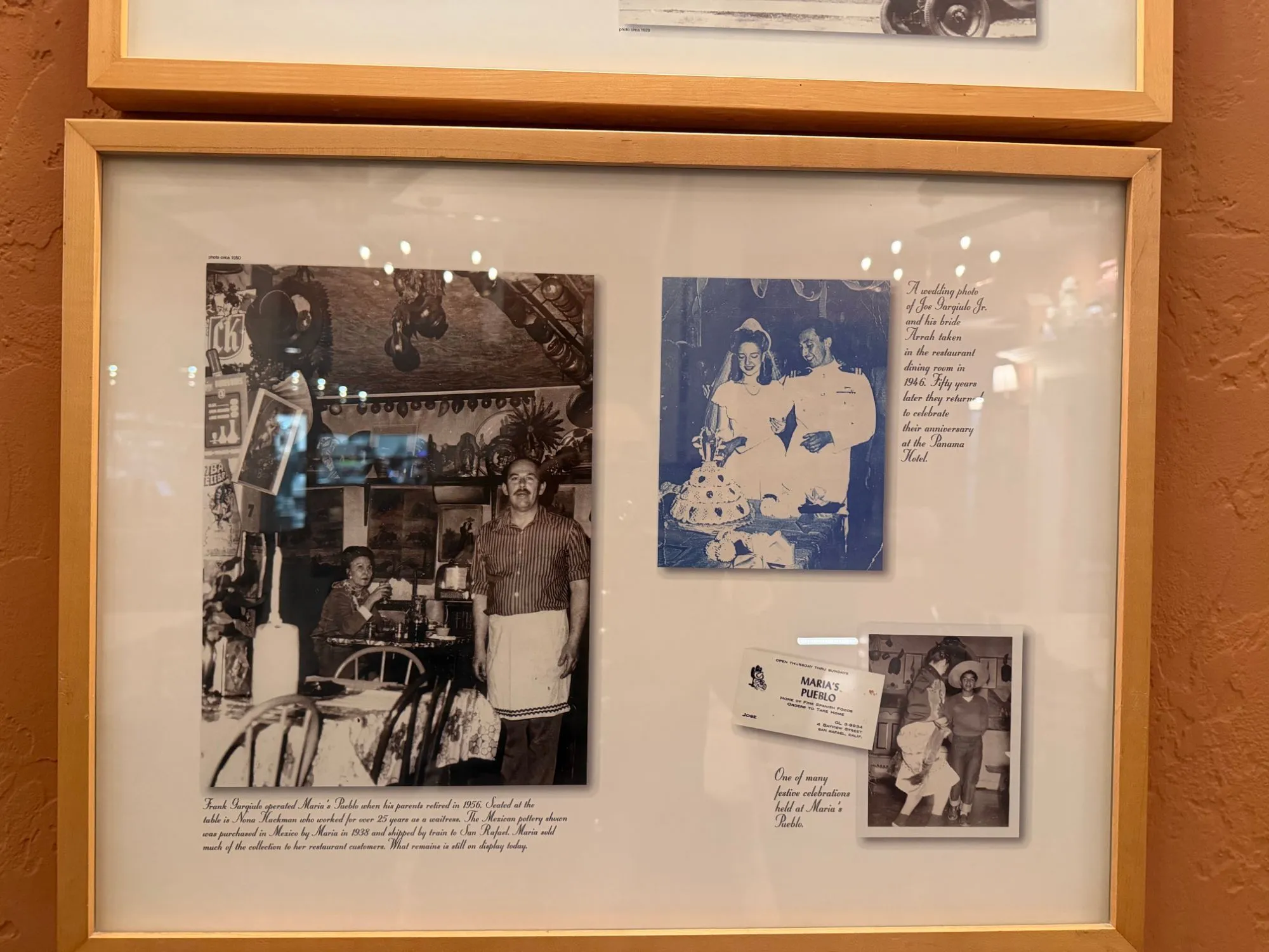 A framed display of Maria’s Pueblo: Frank Gargiulo in the dining room in 1950 and a 1946 wedding photograph