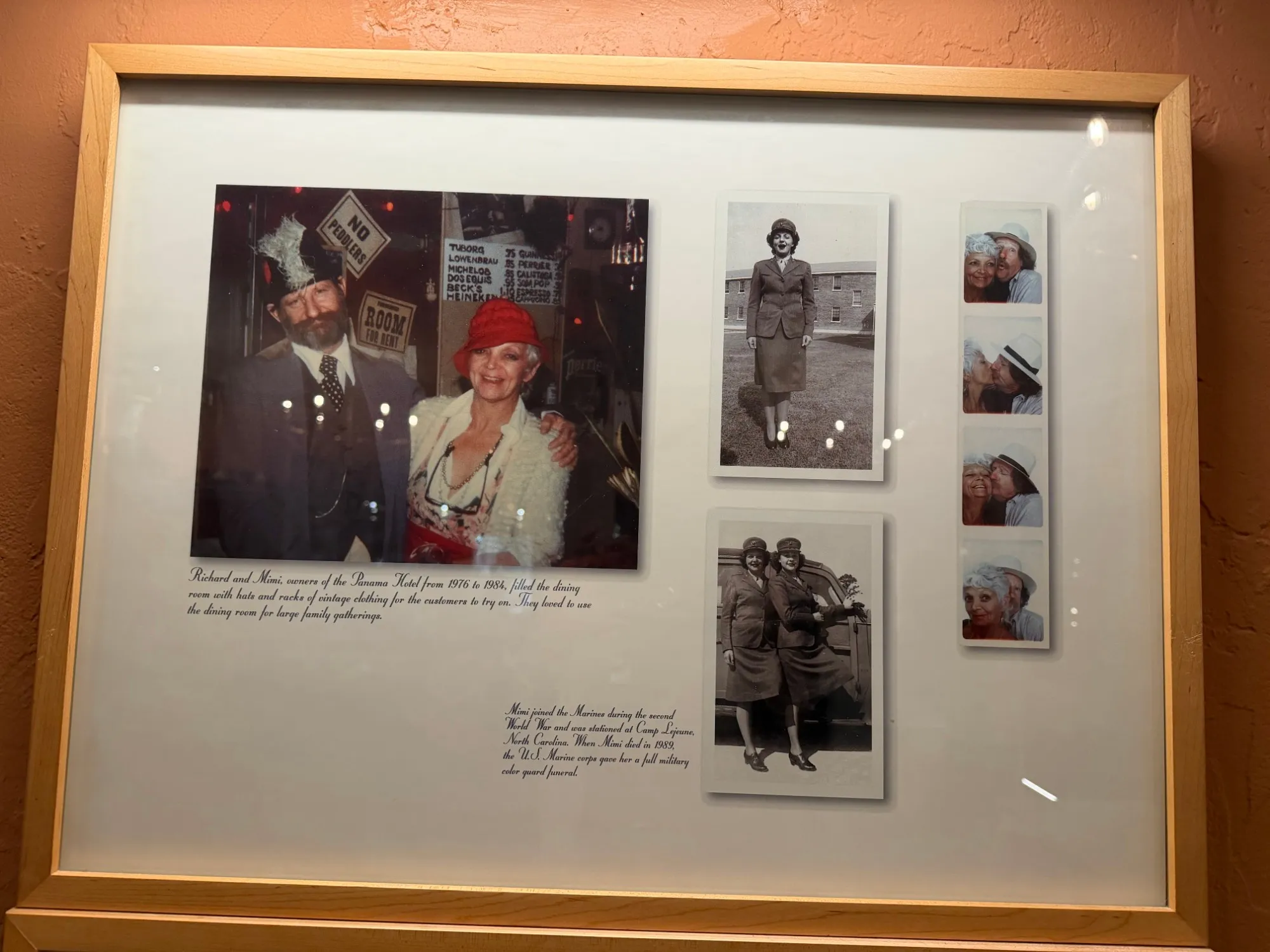 A framed display of Richard and Mimi in vintage dress, and Mimi in her wartime Marine Corps uniform
